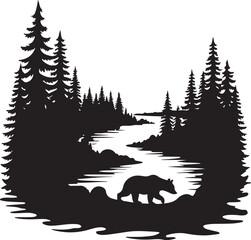 Black silhouette of bear walking by river and pine trees