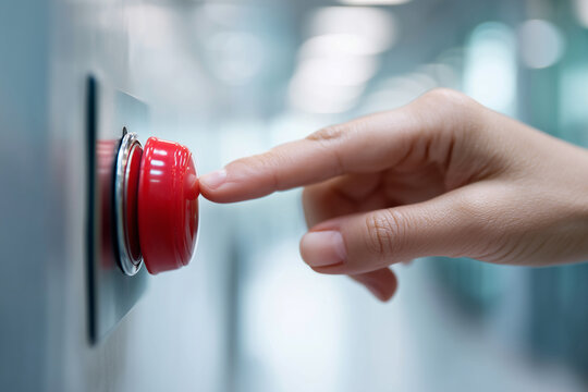 Close-up of a hand pressing red emergency button, dim corridor background, tension and urgency, 