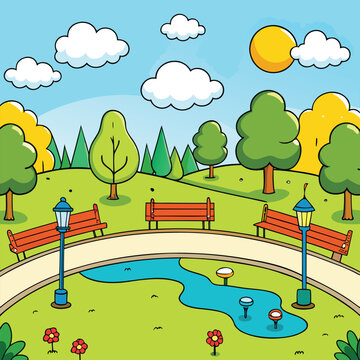 Cheerful cartoon park with pond benches lampposts and sunny sky illustration water
