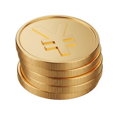 3d icon of stack of gold coins with japanese yen symbol, isolated on transparent background