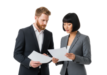Two Business Professionals Reviewing Documents Against White Background