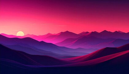 Stylized sunset over layered mountains, bathed in vibrant pink and purple
