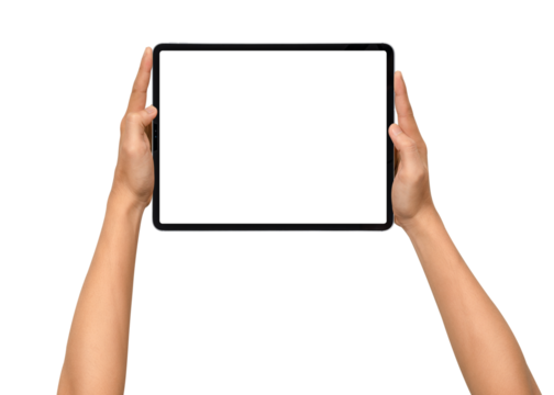 Close-up of hands holding a modern tablet with blank screen isolated on transparent PNG.
- Powered by Adobe