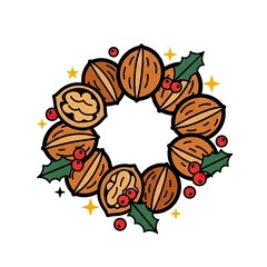 Festive Wreath Arrangement with Walnuts Holly Berries and Golden Sparkles on White Background