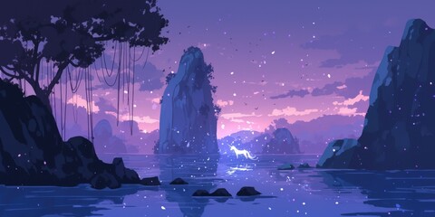 Magical Twilight Landscape Glowing Unicorn in a Serene Lake, perfect for fantasy art, game backgrounds