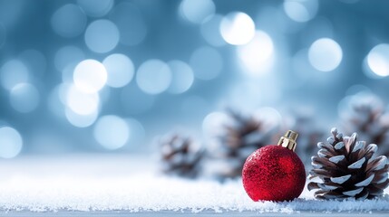 Snowy Christmas Background with Pine Cones and Red Ornament, Blue Bokeh Light for Product Presentation and Social Media Template with Copy Space, High Quality