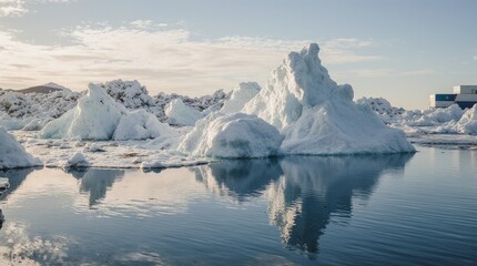 Majestic icebergs reflecting in calm arctic waters under a cloudy sky