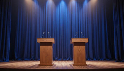 Professional debate podiums with microphones await speakers on a polished wooden stage, illuminated by dramatic spotlighting against rich blue curtains, ready for impactful presentations.