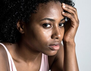 Close-up of an African-American woman with curly hair, looking distressed