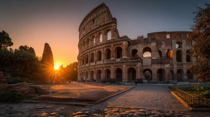 Naklejka premium Colosseum at sunset with warm light illuminating ancient Roman architecture in Rome
