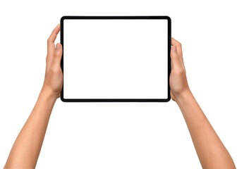 Close-up of hands holding a modern tablet with blank screen isolated on transparent PNG.	
