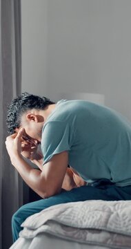 Mental health, thinking and man on bed with reflection, anxiety trigger or memory of past trauma. Grief, flashback and male person in house with sadness, loss or regret in emotional thoughts.