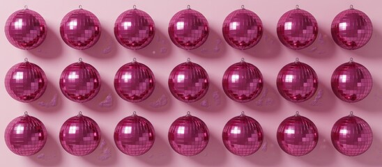 Pink mirror disco balls reflecting lights, hanging in rows, creating a repeating pattern on a pastel pink background, symbolizing retro parties and celebration