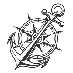 Anchor and compass rose, vector illustration