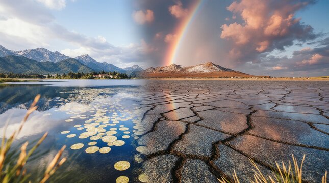 Dramatic rainbow over cracked earth and reflecting water landscape