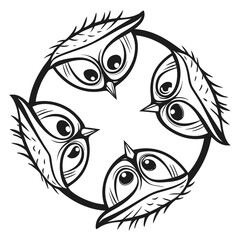 Four cute owls in a circle, vector illustration
