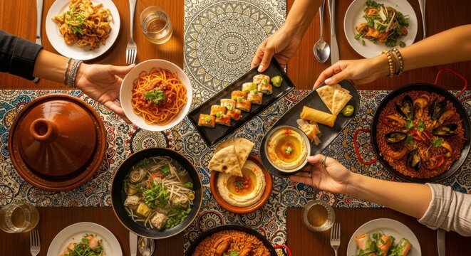Diverse Table Feast: Shared Cuisine, Culinary Abundance and Celebration of Delicious Food Together - Powered by Adobe