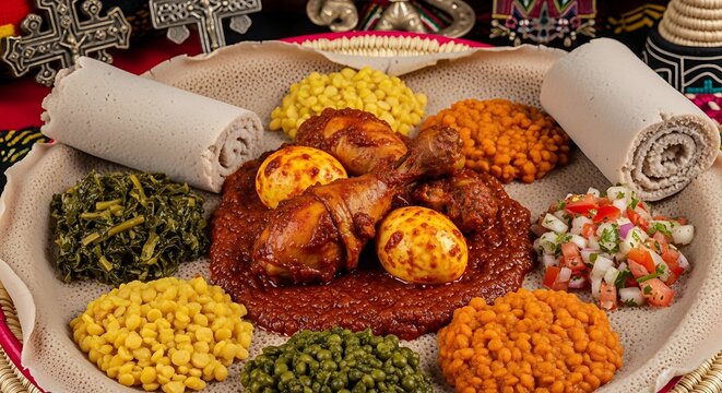 Vibrant ethiopian feast featuring injera bread and diverse savory stews and vegetables