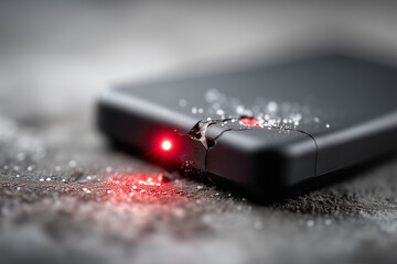 Close-up of portable hard drive on table with cracked casing and flickering red LED, symbol of lost data, 