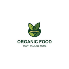 Organic Green Leaf Bowl Logo Design with Creative Illustration