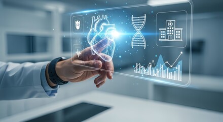 Doctor interacting with futuristic medical interface showing heart dna and hospital icon