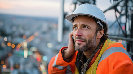 clous up Defocused telecommunications worker with focused completed antenna array against dramatic evening city backdrop, with copy space