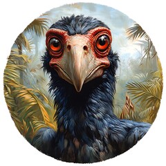 Close-up portrait of a large prehistoric bird with big red eyes ancient extinct photo