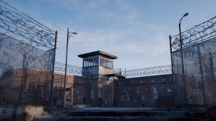 Guard tower behind rusty fence with barbed wire. AI image