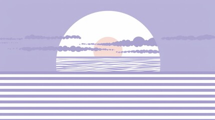 Abstract features a half-circle sun rising above horizontal stripes, representing the sea, set against a soft background