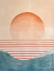 Abstract features a half-circle sun rising above horizontal stripes, representing the sea, set against a soft background