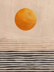 Abstract features a half-circle sun rising above horizontal stripes, representing the sea, set against a soft background