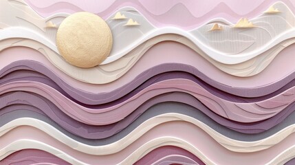 Abstract features a half-circle sun rising above horizontal stripes, representing the sea, set against a soft background