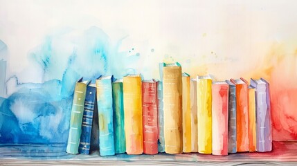 Minimalistic line art with watercolor color of books