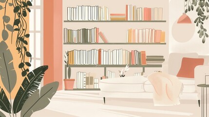 Minimalistic line art with watercolor color of books
