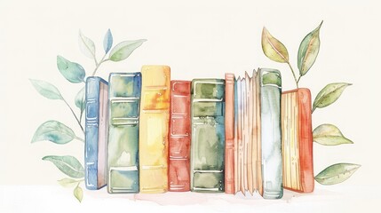 Minimalistic line art with watercolor color of books