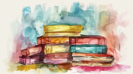 Minimalistic line art with watercolor color of books