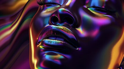 The face has a smooth, reflective surface that shimmers with an iridescent, rainbow-like gradient of colors, including purples, blues, yellows, and greens