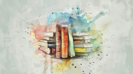Minimalistic line art with watercolor color of books