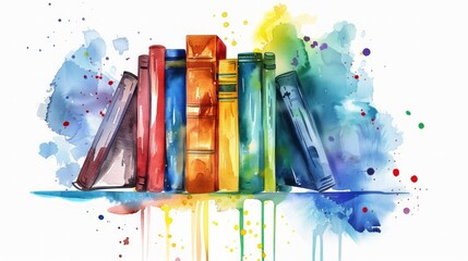 Minimalistic line art with watercolor color of books