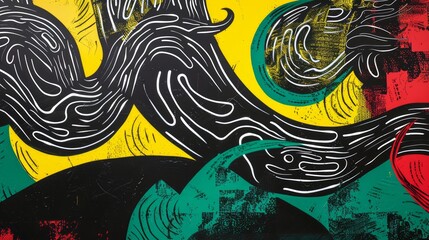 The image showcases an abstract, psychedelic design with intricate patterns and bold shapes