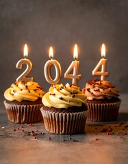 Three cupcakes with lit candles forming the number 2044