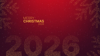 Naklejka premium Merry Christmas 2026 greeting text and date on a glitter effect red background with abstract snowflake vector pattern for winter holidays.