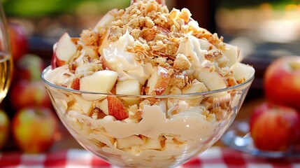 This dessert combines the natural sweetness and tartness of the apples with the rich, creamy, and crunchy textures of the toppings.