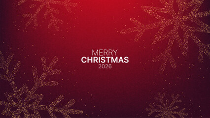 Red background with Merry Christmas 2026 text and golden glitter snowflake graphic design. Holiday season greeting for celebration festive decor banner.