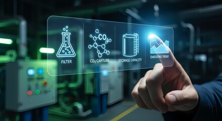 Hand interacting with holographic display showing emissions capture and storage icons