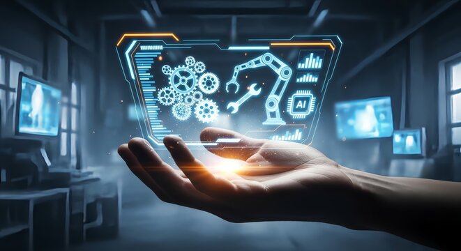 Hand holding a futuristic holographic display with ai and robotic arm icons inside it