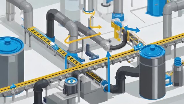 Isometric illustration animation of industrial process with conveyor belts and pipes in motion