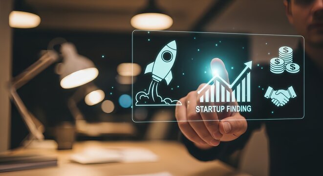 A person interacting with a startup finding interface on a transparent display panel