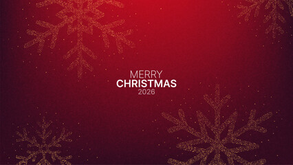 Merry Christmas 2026 text with golden dotted snowflakes on a red background. Holiday design with glowing particles for greeting card and banner.