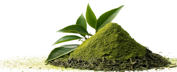 a pile of green tea leaves and loose-leaf tea on a white background, high-resolution photography, insanely detailed, fine details, stock photo, professional color grading, award-winning photography, i